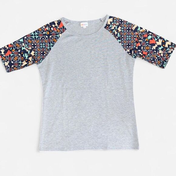LulaRoe “Gigi” Grey and Navy Colorblock Geometric Sleeve T-shirt - Picture 1 of 7